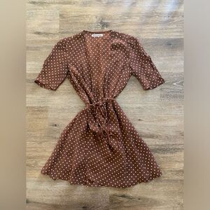Reformation lucky mini wrap dress xs brown with white polka dots